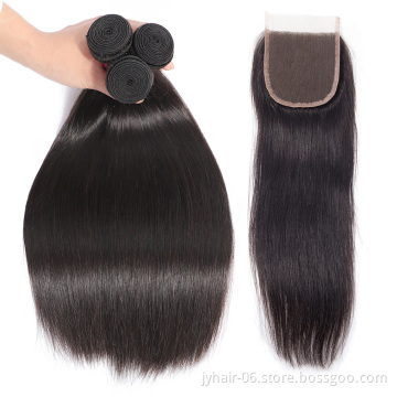 ELI Peruvian Human Hair Bundles With Closure,Bundles Raw 100 Peruvian Straight Hair,10A Grade Peruvian Virgin Human Hair